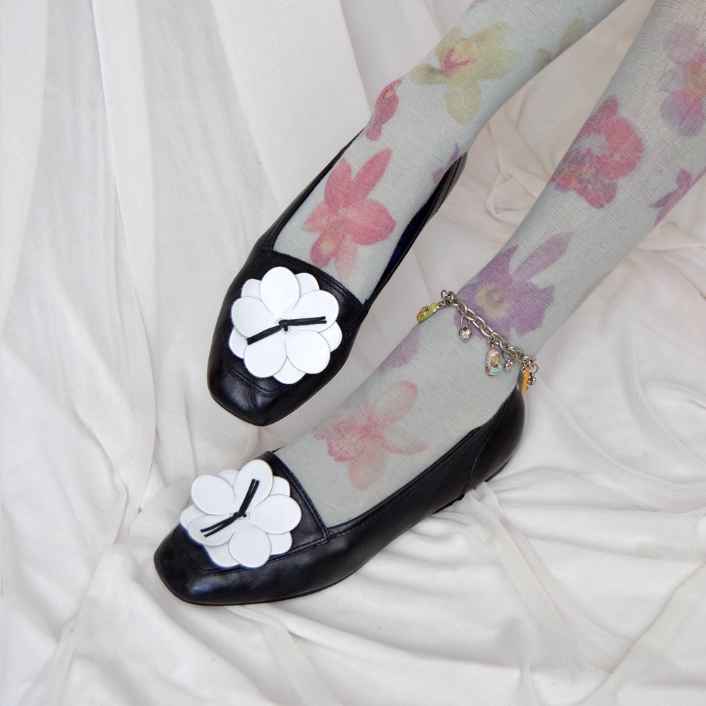 Leather Black and White Floral Ballet Flats